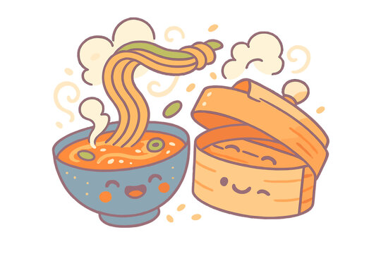 Steaming ramen bowl and bamboo steamer with cheerful faces