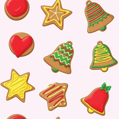 Christmas gingerbread cookies in heart star and bell shapes