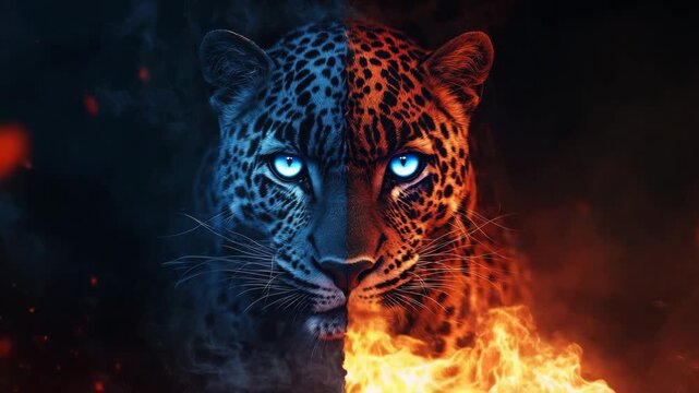 Fire and Ice Leopard with Glowing Blue Eyes, Mystical Leopard with Blue Eyes and Elemental Split Face