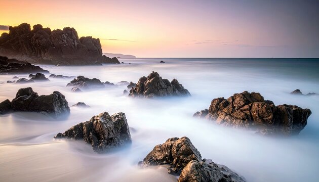 A tranquil coastal scene at sunset features dark, jagged rocks emerging from the sea, with misty water creating a soft, ethereal effect. - Powered by Adobe