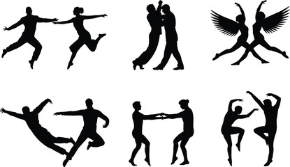 Collection of dancing couple silhouettes, dynamic partner dance poses, people jumping, ballet, tango, angels with wings, isolated vector set.