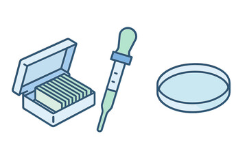 Set of essential laboratory equipment including pipette, slides, and petri dish