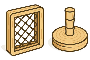 Two stylized wooden objects featuring a square lattice frame and a round base with a bamboo post