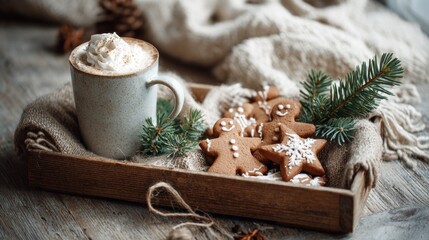 Cozy Christmas scene with gingerbread cookies, hot cocoa, and festive decorations on wooden tray