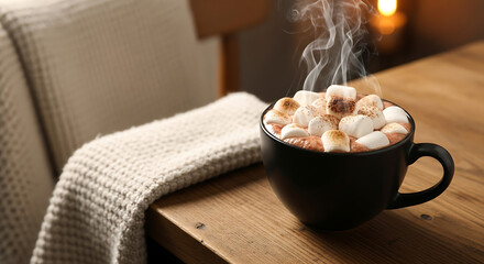 Ultra realistic cup of hot chocolate with marshmallows on wooden table beside cozy blanket