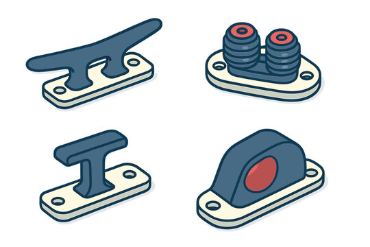Marine hardware elements including cleats and fairleads for boats and docks