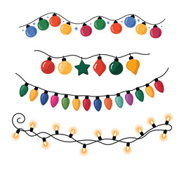 Set of colorful Christmas light garlands in various shapes and bulb styles. Festive decorative string lights in a playful, hand-drawn vector style on transparent background