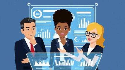 Diverse team of business professionals collaborating and analyzing financial data on a futuristic digital interface - Powered by Adobe