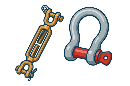 Essential construction and marine rigging tools featuring a turnbuckle and anchor shackle