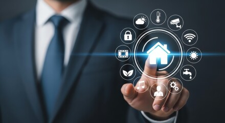Technology meets home automation with a businessman interacting with smart home icons