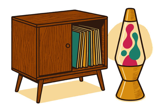 Mid-century modern record storage cabinet and glowing lava lamp