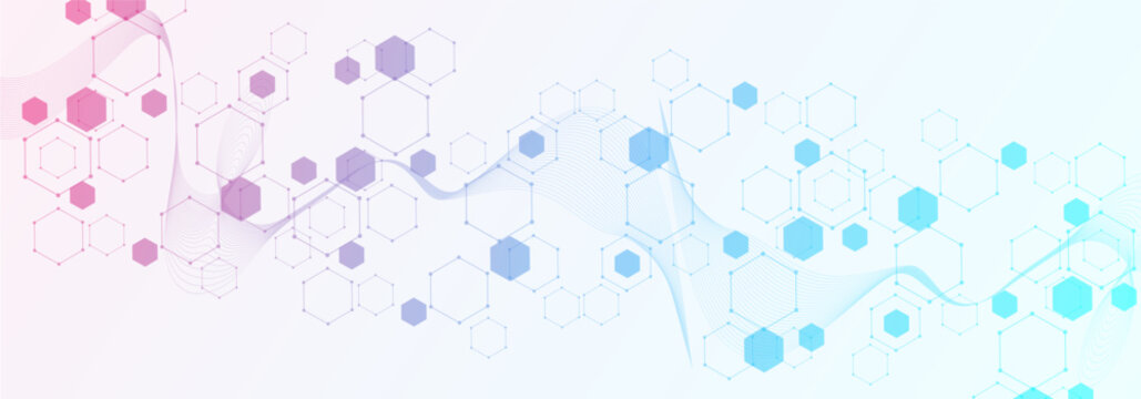 Health care or medical abstract background with hexagons, lines and dots. Scientific innovation banner template concept. Biology and pharmaceutical technology background. Vector illustration.