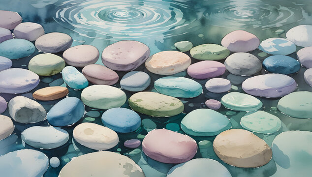 Pastel-Colored River Stones in Clear Water