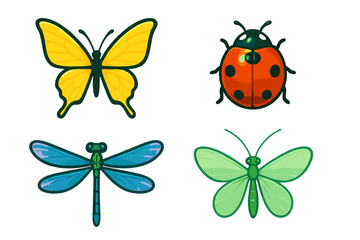 Colorful stylized flying insects including butterfly ladybug and dragonfly