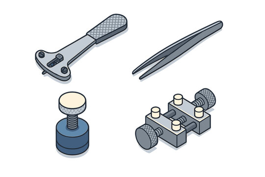 Collection of precision watchmaking and repair instruments in isometric view