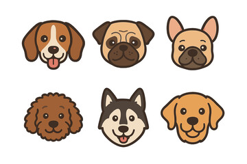 Fototapeta premium Six cute cartoon dog breed heads icons isolated on white background