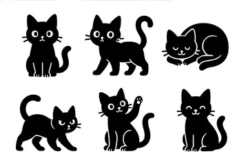 Six stylized black cat silhouettes in various playful and resting poses