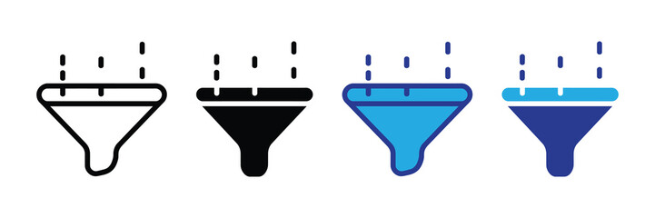 Funnel icon set, representing data filtering, process management, and information sorting with multiple styles and colors