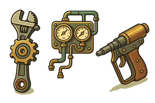 Steampunk tools and machinery icons set featuring wrench gauge and raygun