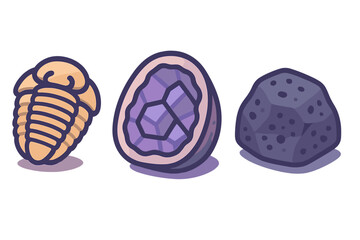 Trilobite fossil amethyst geode and meteorite icons collection