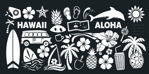 Hawaiian aloha collection of tropical icons and symbols on black background