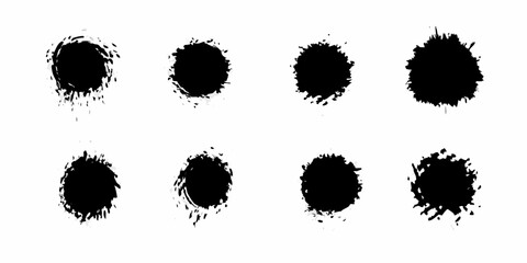 Collection of eight black ink splatter circles with rough edges and white background