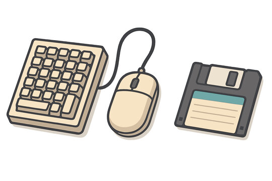 Retro computer peripherals: keyboard, mouse, and magnetic storage disk