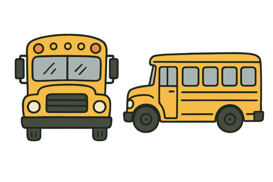 Yellow school bus front and side view icons for transportation and education