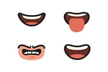 Four expressive cartoon mouth shapes showing different emotions and actions