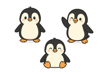 Three cute cartoon baby penguins in various poses and expressions