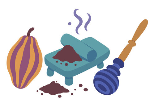 Traditional chocolate making tools and ingredients featuring cacao pod, metate, molinillo, and cocoa powder
