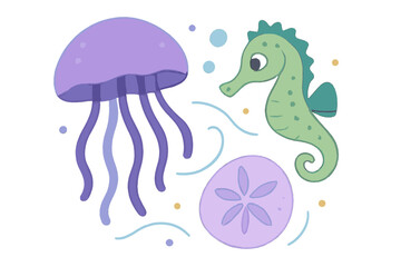 Charming collection of stylized sea creatures including jellyfish seahorse and sand dollar