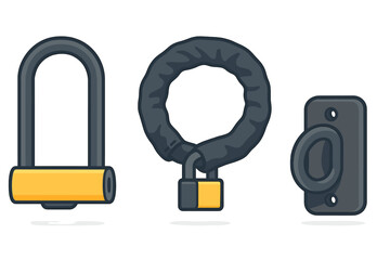 Set of security locks including U-lock, chain lock, and wall mount anchor