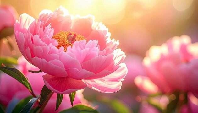A close-up view of a delicate pink peony flower in full bloom, illuminated by soft golden sunlight.