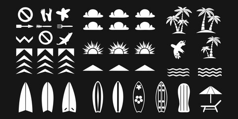 Collection of white summer vacation and beach icons on a black background including surfboards palm trees sun waves and clouds