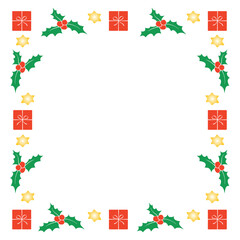 Vector frame of colorful festive Christmas symbols - presents, stars, holly berries. New year Xmas background, border for winter holidays decor, greeting cards