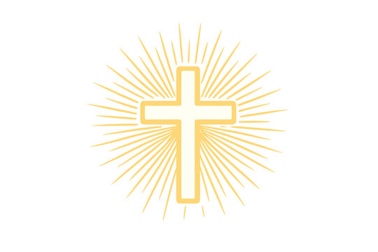 Shining Christian cross symbol with golden sunburst rays
