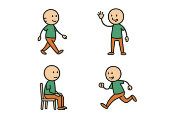 Simple stick figure character set showing walking, waving, sitting, and running poses
