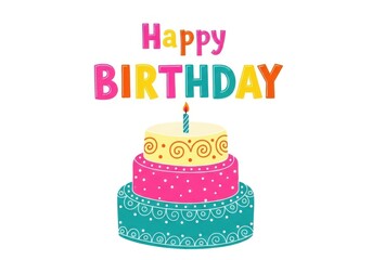 Happy birthday greeting card with a colorful tiered cake and a lit candle