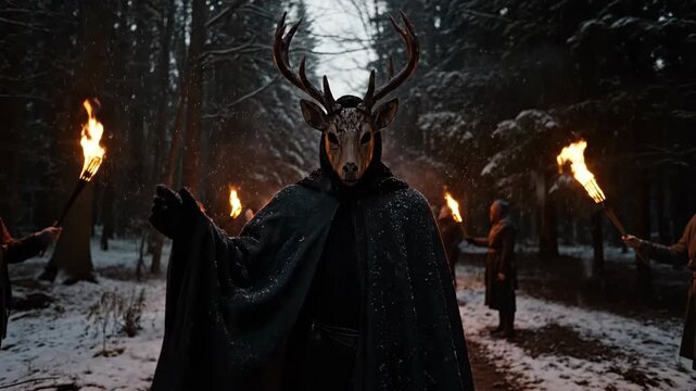 Man in deer mask and cloak leads winter pagan ritual with torches in snowy forest during snowing, new year footage.