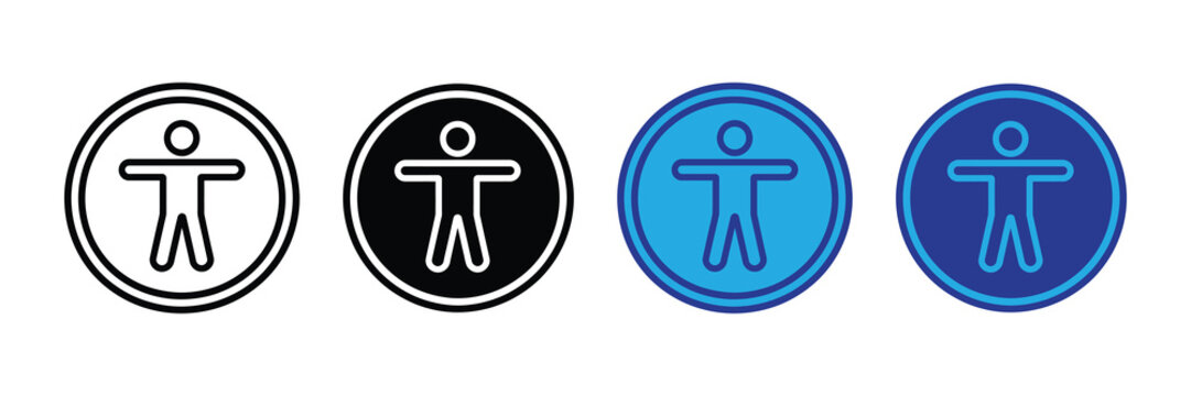 Collection of accessibility icons featuring the international symbol of access in black and white, blue, and dark blue circles against a white background.