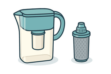 Water filter pitcher and replacement carbon cartridge icon graphic