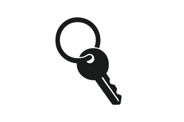 Simple black silhouette of a single house key attached to a keyring