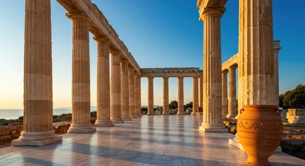 Ancient architectural columns with bright sunlight and a clear sky landscape