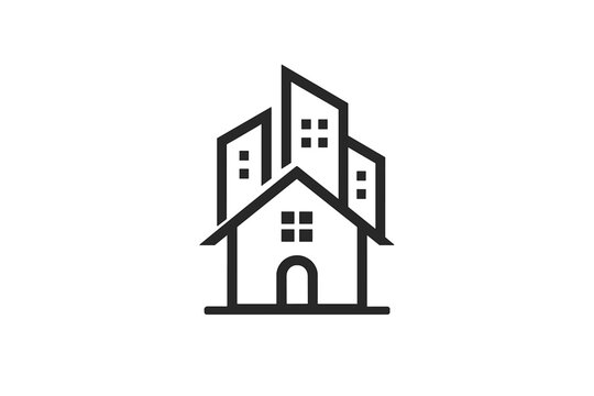 Minimalist outline logo combining house and modern city buildings - Powered by Adobe