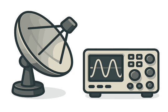 Parabolic satellite dish antenna next to electronic oscilloscope displaying signal