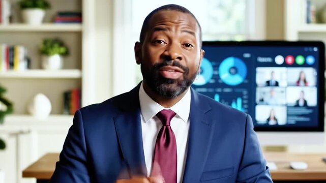 A well-dressed Black man in a suit speaks, facing the viewer, with a monitor in the back