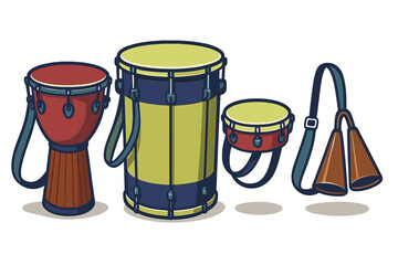 Vibrant musical percussion instruments including djembe snare drum and cowbells