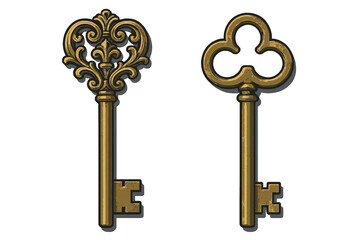 Two vintage brass skeleton keys with intricate ornamental and trefoil bow designs