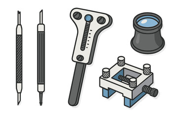 Essential tools for watch repair including spring bar removers case opener and loupe